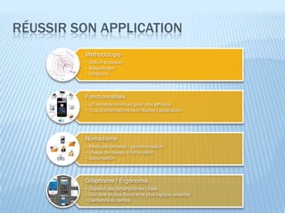 RÉUSSIR SON APPLICATION
         Méthodologie
         • Définir le besoin
         • Maquettage
         • Itérations



         Fonctionnalités
         • Un nombre minimum pour être efficace
         • Trop d’informations rend illisible l’application




         Nomadisme
         • Mode déconnecté / synchronisation
         • Usage de réseau à faible débit
         • Sécurisation



         Graphisme / Ergonomie
         • Dépend des Smartphones cibles
         • Doit être le plus fluide et le plus logique possible
         • Demande du temps
 