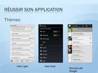 RÉUSSIR SON APPLICATION

Thèmes:




     Holo Light.   Holo Dark
                               Sources site
                               Google
 