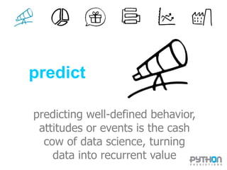 predict
predicting well-defined behavior,
attitudes or events is the cash
cow of data science, turning
data into recurrent value
 