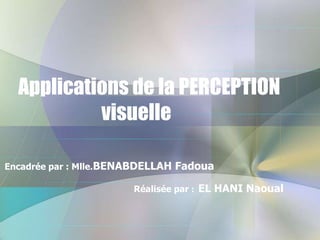 Applications de la PERCEPTION
visuelle
Encadrée par : Mlle.BENABDELLAH Fadoua

Réalisée par : EL HANI Naoual

 