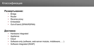 Заголовок
Развертывание:
• Bridge
• Router
• Reverse proxy
• Embedded
• Out-of band (SPAN/RSPAN)
Доставка:
• Hardware integrated
• Appliance
• Claud
• Software-only (software, web-server module, middleware, … )
• Software integrated (RASP)
Классификация
 