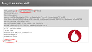 ЗаголовокМинута из жизни WAF
GET /app?pageId=<script>alert(1)</script> HTTP/1.1
Host: example.com
Connection: close
Accept: text/html,application/xhtml+xml,application/xml;q=0.9,image/webp,*/*;q=0.8
User-Agent: Mozilla/5.0 (Windows NT 6.3; Win64; x64) AppleWebKit/537.36 (KHTML, like Gecko) Safari/537.36
Accept-Encoding: gzip, deflate, sdch
Accept-Language: ru-RU,ru;q=0.8,en-US;q=0.6,en;q=0.4
Cookie: JSESSIONID=EAEC35B5E8741B4BA1524F25301A5E10
HTTP/1.1 403 Forbidden
Server: WAF
Content-Type: text/html; charset=utf-8
Content-Length: 9
Connection: close
Forbidden
 