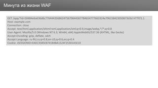 ЗаголовокМинута из жизни WAF
GET /app/?id=50484e6a636d6c776444356862475679644367784b54777663324e796158423050673d3d HTTP/1.1
Host: example.com
Connection: close
Accept: text/html,application/xhtml+xml,application/xml;q=0.9,image/webp,*/*;q=0.8
User-Agent: Mozilla/5.0 (Windows NT 6.3; Win64; x64) AppleWebKit/537.36 (KHTML, like Gecko)
Accept-Encoding: gzip, deflate, sdch
Accept-Language: ru-RU,ru;q=0.8,en-US;q=0.6,en;q=0.4
Cookie: JSESSIONID=EAEC35B5E8741B4BA1524F25301A5E10
 