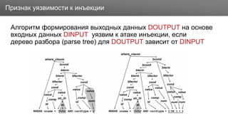 Заголовок
Алгоритм формирования выходных данных DOUTPUT на основе
входных данных DINPUT уязвим к атаке инъекции, если
дерево разбора (parse tree) для DOUTPUT зависит от DINPUT
Признак уязвимости к инъекции
 