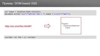 ЗаголовокПример: DOM-based XSS
http://ex.com/foo.html#1
var input = location.hash.slice(1);
document.write("<scr"+"ipt>var foo = "+ input +";</scr"+"ipt>");
<script> var foo = 1; <script>
Program
ExpressionStatement
Literal
 