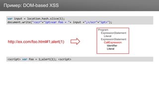 ЗаголовокПример: DOM-based XSS
http://ex.com/foo.html#1;alert(1)
var input = location.hash.slice(1);
document.write("<scr"+"ipt>var foo = "+ input +";</scr"+"ipt>");
<script> var foo = 1;alert(1); <script>
Program
ExpressionStatement
Literal
ExpressionStatement
CallExpression
Identifier
Literal
 
