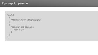 ЗаголовокПример 1: правило
{
"and": [
{
"REQUEST_PATH": "/blog/page.php"
},
{
"REQUEST_GET_ARGS:id": {
"regex": "[<>]"
}
}
]
}
 