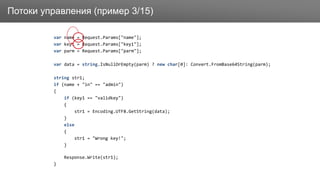 ЗаголовокПотоки управления (пример 3/15)
var name = Request.Params["name"];
var key1 = Request.Params["key1"];
var parm = Request.Params["parm"];
var data = string.IsNullOrEmpty(parm) ? new char[0]: Convert.FromBase64String(parm);
string str1;
if (name + "in" == "admin")
{
if (key1 == "validkey")
{
str1 = Encoding.UTF8.GetString(data);
}
else
{
str1 = "Wrong key!";
}
Response.Write(str1);
}
 