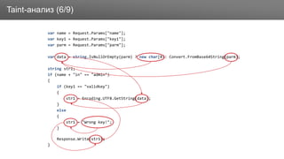 ЗаголовокTaint-анализ (6/9)
var name = Request.Params["name"];
var key1 = Request.Params["key1"];
var parm = Request.Params["parm"];
var data = string.IsNullOrEmpty(parm) ? new char[0]: Convert.FromBase64String(parm);
string str1;
if (name + "in" == "admin")
{
if (key1 == "validkey")
{
str1 = Encoding.UTF8.GetString(data);
}
else
{
str1 = "Wrong key!";
}
Response.Write(str1);
}
 