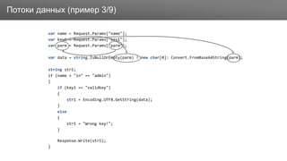 ЗаголовокПотоки данных (пример 3/9)
var name = Request.Params["name"];
var key1 = Request.Params["key1"];
var parm = Request.Params["parm"];
var data = string.IsNullOrEmpty(parm) ? new char[0]: Convert.FromBase64String(parm);
string str1;
if (name + "in" == "admin")
{
if (key1 == "validkey")
{
str1 = Encoding.UTF8.GetString(data);
}
else
{
str1 = "Wrong key!";
}
Response.Write(str1);
}
 