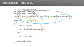 ЗаголовокПотоки данных (пример 5/9)
var name = Request.Params["name"];
var key1 = Request.Params["key1"];
var parm = Request.Params["parm"];
var data = string.IsNullOrEmpty(parm) ? new char[0]: Convert.FromBase64String(parm);
string str1;
if (name + "in" == "admin")
{
if (key1 == "validkey")
{
str1 = Encoding.UTF8.GetString(data);
}
else
{
str1 = "Wrong key!";
}
Response.Write(str1);
}
 