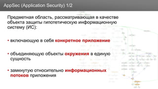 Заголовок
Предметная область, рассматривающая в качестве
объекта защиты гипотетическую информационную
систему (ИС):
• включающую в себя конкретное приложение
• объединяющую объекты окружения в единую
сущность
• замкнутую относительно информационных
потоков приложения
AppSec (Application Security) 1/2
 
