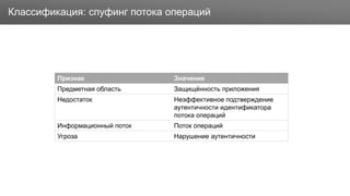 ЗаголовокКлассификация: спуфинг потока операций
Признак Значение
Предметная область Защищённость приложения
Недостаток Неэффективное подтверждение
аутентичности идентификатора
потока операций
Информационный поток Поток операций
Угроза Нарушение аутентичности
 