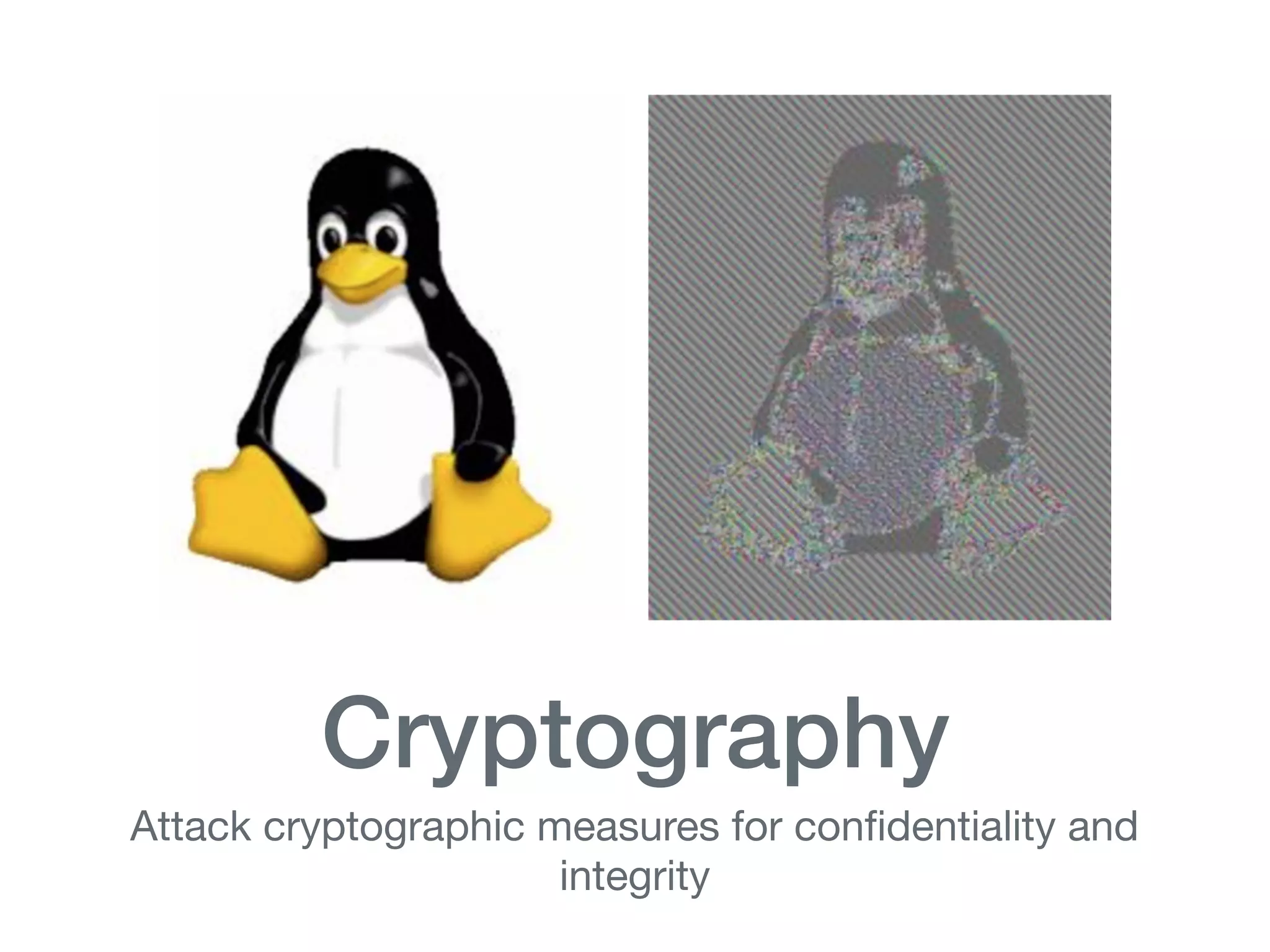 Cryptography
Attack cryptographic measures for conﬁdentiality and
integrity
 