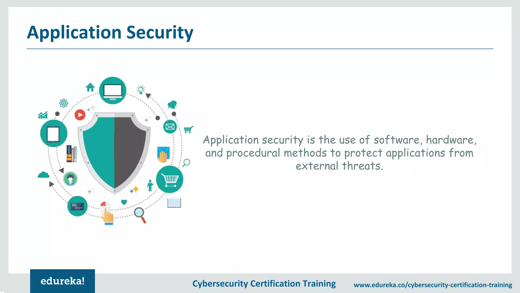 Cybersecurity Certification Training www.edureka.co/cybersecurity-certification-training Application Security ApplicationApplication security is the use of software, hardware, and procedural methods to protect applications from external threats. 