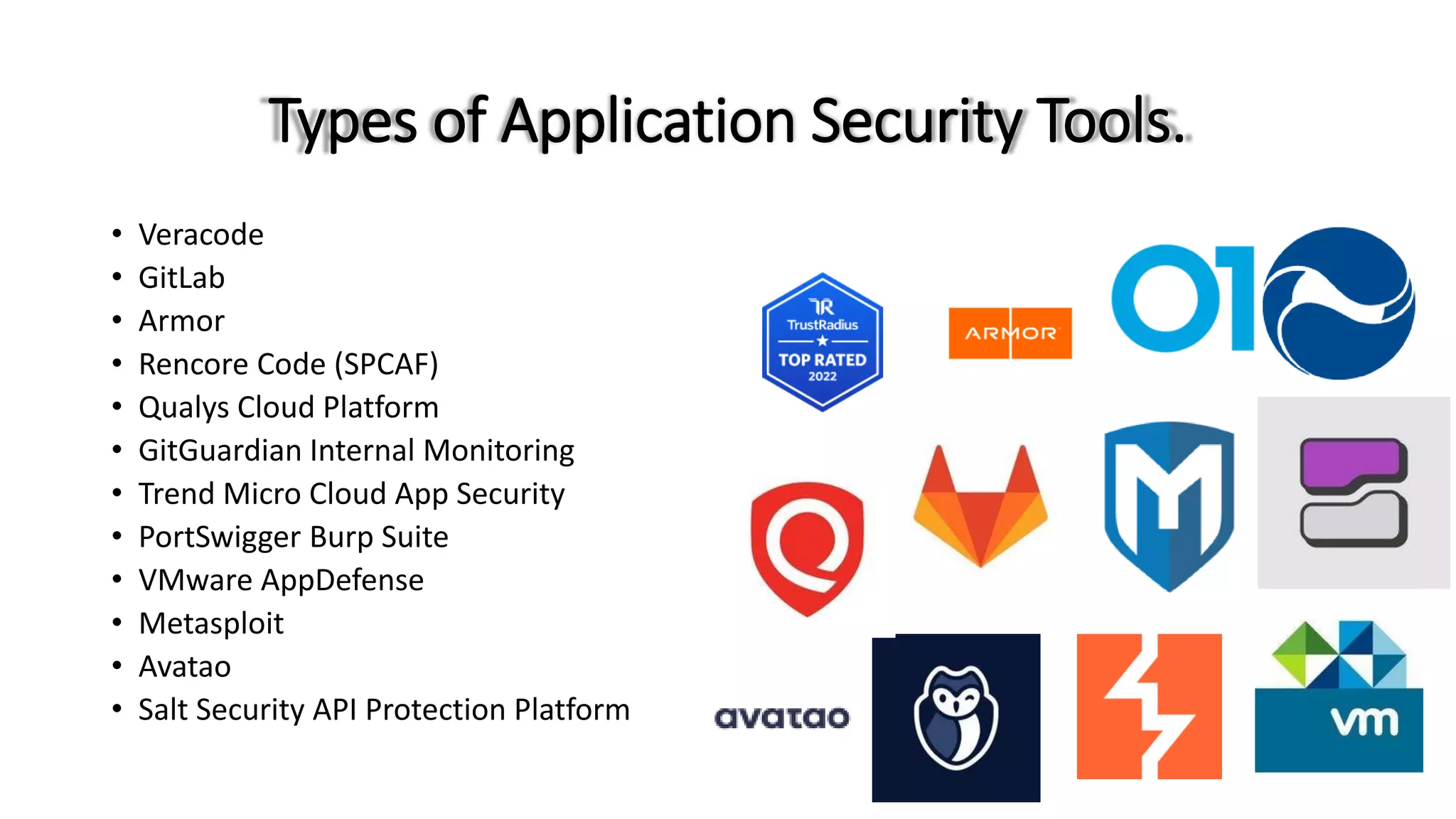 Types of Application Security Tools.
• Veracode
• GitLab
• Armor
• Rencore Code (SPCAF)
• Qualys Cloud Platform
• GitGuardian Internal Monitoring
• Trend Micro Cloud App Security
• PortSwigger Burp Suite
• VMware AppDefense
• Metasploit
• Avatao
• Salt Security API Protection Platform
 