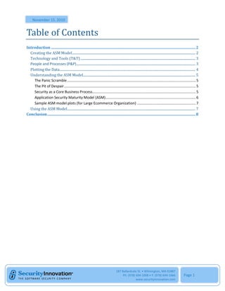 November 15, 2010


Table of Contents
Introduction ............................................................................................................................................................ 2
  Creating the ASM Model ................................................................................................................................................... 2
  Technology and Tools (T&T) ......................................................................................................................................... 3
  People and Processes (P&P) .............................................................................................................................................. 3
  Plotting the Data.................................................................................................................................................................. 4
  Understanding the ASM Model...................................................................................................................................... 5
    The Panic Scramble ............................................................................................................................... 5
    The Pit of Despair .................................................................................................................................. 5
    Security as a Core Business Process...................................................................................................... 5
    Application Security Maturity Model (ASM) ......................................................................................... 6
    Sample ASM model plots (for Large Ecommerce Organization) .......................................................... 7
  Using the ASM Model......................................................................................................................................................... 7
Conclusion ................................................................................................................................................................ 8




                                                                                               187 Ballardvale St. • Wilmington, MA 01887
                                                                                                    Ph: (978) 694-1008 • F: (978) 694-1666                             Page 1
                                                                                                              www.securityinnovation.com
 
