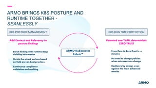 ARMO BRINGS K8S POSTURE AND
RUNTIME TOGETHER -
SEAMLESSLY
Enrich finding with runtime deep
visibility information
Shrink the attack surface based
on field proven best practices
Continuous compliance
validation and auditing
From Zero to Zero-Trust in 10
minutes
No need to change policies
when microservices change
Resiliency by design, even
against the most advanced
attacks
Add Context and Relevancy to
posture findings
Patented one-YAML deterministic
ZERO-TRUST
K8S POSTURE MANAGEMENT K8S RUN TIME PROTECTION
ARMO Kubernetes
Fabric™
 