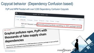 42
42
PyPI and NPM Flooded with over 5,000 Dependency Confusion Copycats
Source: securityreport.com
Copycat behavior (Dependency Confusion based)
 