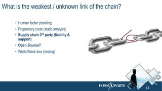 • Human factor (training)
• Proprietary code (static analysis)
• Supply chain 3rd party (liability &
support)
• Open Source?
• White/Black-box (testing)
What is the weakest / unknown link of the chain?
43
 