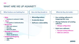 WHAT ARE WE UP AGAINST?
What hackers are looking for? What do they do inside?
• Data
 Business & customer’s data
• Keys
 Encryption & Authentication
• Resources
 CPU (coin miners)
 Storage
 Network (bots)
• Damage & Extortion
 Ransome
 DDoS, UI/UX harm
• Intellectual Property
 Algorithms
 APIs
• Use existing software in
inappropriate way
• Change behavior of existing
software
 Change configuration
• Inject new software
 Corrupt existing software
 Add new software
How do they break in?
• Misconfigurations
• Credential abuse
• Software vulnerability
 