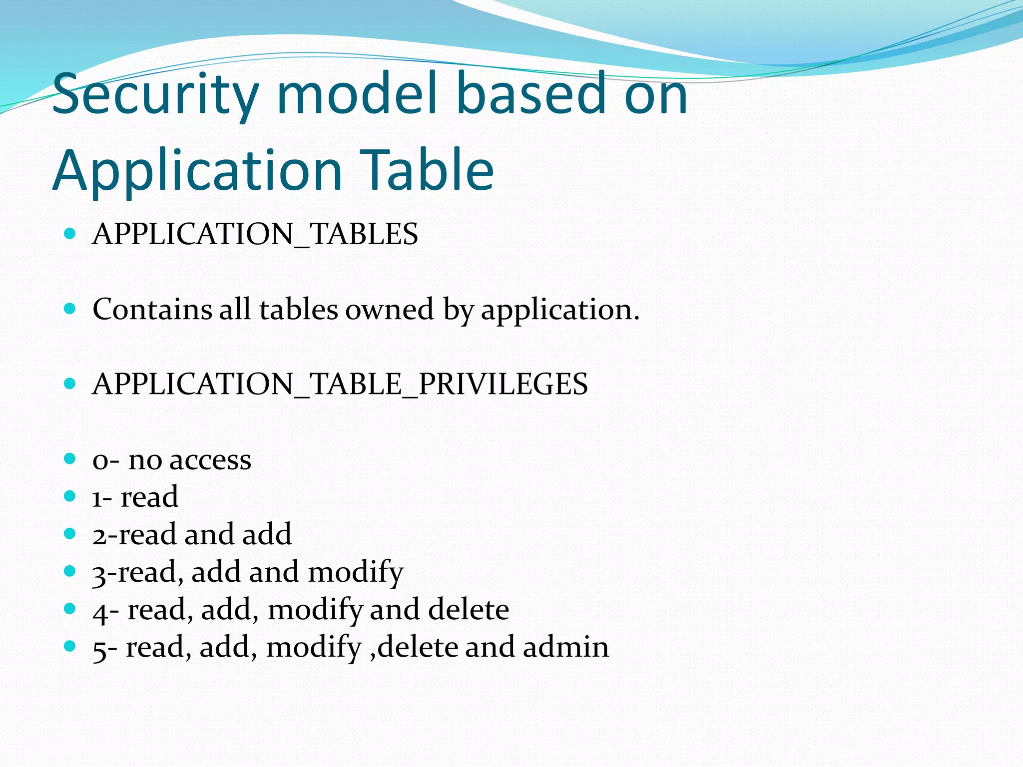 Security model based on
Application Table
 APPLICATION_TABLES
 Contains all tables owned by application.
 APPLICATION_TABLE_PRIVILEGES
 0- no access
 1- read
 2-read and add
 3-read, add and modify
 4- read, add, modify and delete
 5- read, add, modify ,delete and admin
 
