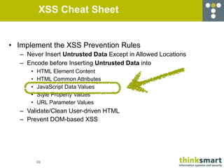XSS Cheat Sheet


• Implement the XSS Prevention Rules
   – Never Insert Untrusted Data Except in Allowed Locations
   – Encode before Inserting Untrusted Data into
      •   HTML Element Content
      •   HTML Common Attributes
      •   JavaScript Data Values
      •   Style Property Values
      •   URL Parameter Values
   – Validate/Clean User-driven HTML
   – Prevent DOM-based XSS




          39
 