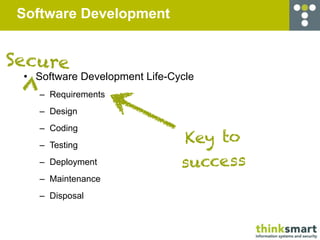 Software Development


Secure
 • Software Development Life-Cycle
    – Requirements
    – Design
    – Coding
    – Testin...