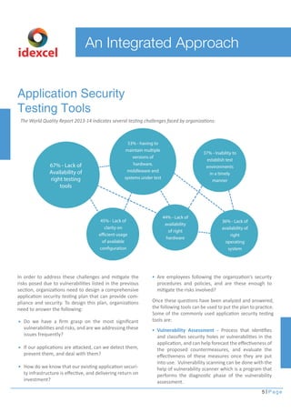 5 Page
An Integrated Approach
idexcel
Application Security
Testing Tools
67% - Lack of
Availability of
right testing
tools
53% - having to
maintain multiple
versions of
hardware,
middleware and
systems under test
37% - Inability to
establish test
environments
in a timely
manner
45% - Lack of
clarity on
efficient usage
of available
configuration
44% - Lack of
availability
of right
hardware
36% - Lack of
availability of
right
operating
system
The World Quality Report 2013-14 indicates several testing challenges faced by organizations:
In order to address these challenges and mitigate the
risks posed due to vulnerabilities listed in the previous
section, organizations need to design a comprehensive
application security testing plan that can provide com-
pliance and security. To design this plan, organizations
need to answer the following:
Do we have a ﬁrm grasp on the most signiﬁcant
vulnerabilities and risks, and are we addressing these
issues frequently?
If our applications are attacked, can we detect them,
prevent them, and deal with them?
How do we know that our existing application securi-
ty infrastructure is eﬀective, and delivering return on
investment?
Are employees following the organization’s security
procedures and policies, and are these enough to
mitigate the risks involved?
Vulnerability Assessment - Process that identiﬁes
and classiﬁes security holes or vulnerabilities in the
application, and can help forecast the eﬀectiveness of
the proposed countermeasures, and evaluate the
eﬀectiveness of these measures once they are put
into use. Vulnerability scanning can be done with the
help of vulnerability scanner which is a program that
performs the diagnostic phase of the vulnerability
assessment.
Once these questions have been analyzed and answered,
the following tools can be used to put the plan to practice.
Some of the commonly used application security testing
tools are:
 
