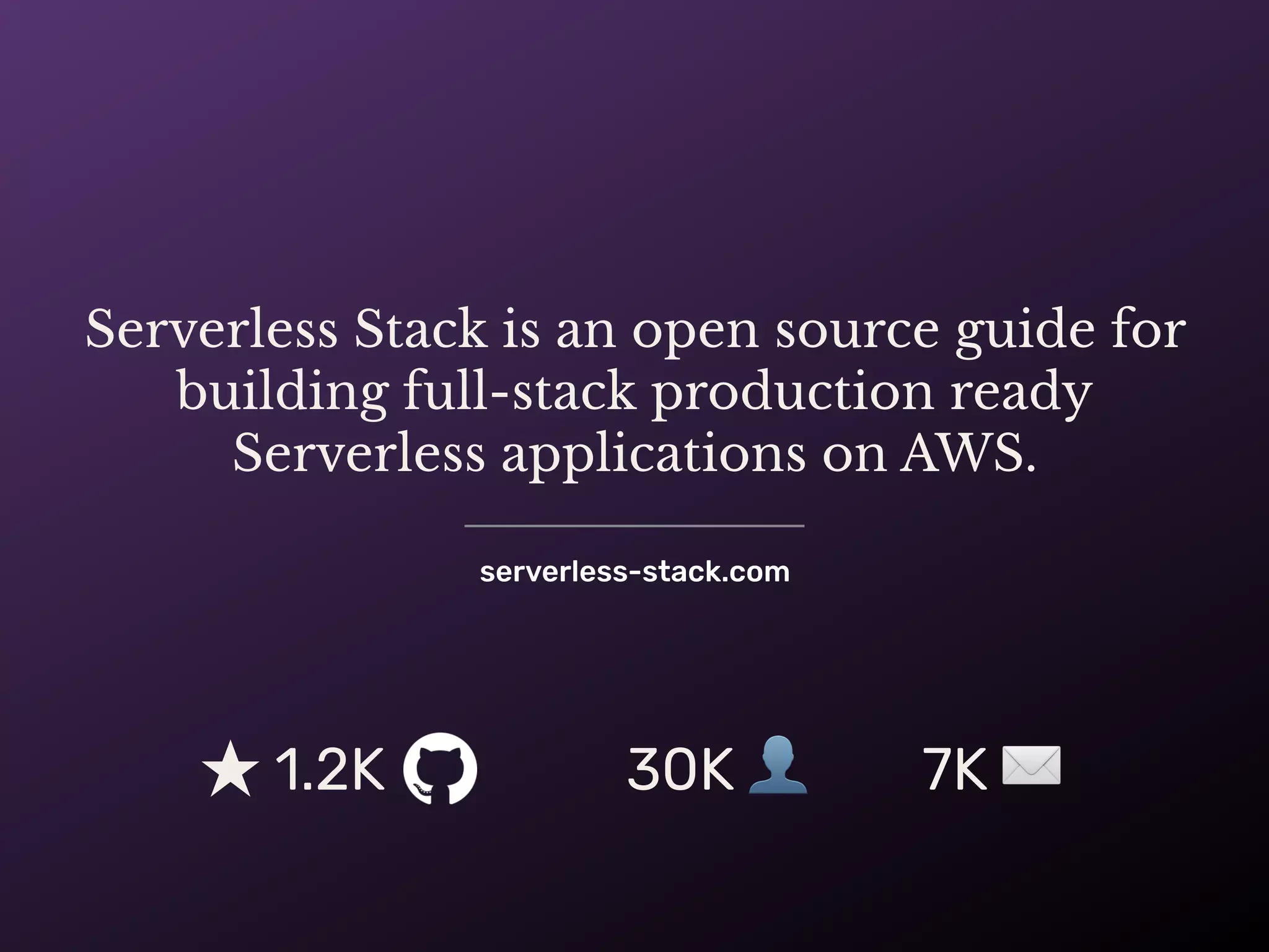 serverless-stack.com
Serverless Stack is an open source guide for
building full-stack production ready
Serverless applications on AWS.
★ 1.2K 30K 👤 7K ✉
 