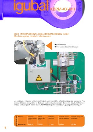 igubal

®

KBRM-XX-MH

▲

SICK INTERNATIONAL KELLEREIMASCHINEN GmbH
Machines pour produits alimentaires

● Auto-lubrifiant
● Très bonne résistance à l'usure

KBRM-08 MH

Les embouts à rotule du système de tringlerie sont insensibles à l'acide dégagé par les raisins. Peu
coûteux à l'achat, ce système se distingue également par des coûts d'entretien réduits. Référence :
embout à rotule igubal® KBRM-06MH, KBRM-08MH, palier lisse iglidur®, guidage linéaire DryLin®

8

Référence :

Charge en
traction statique
maxi

Charge
transversale
maxi

Profondeur
filetée mini

Couple de serrage
maxi du taraudage

Couple de serrage maxi
de la calotte

KBRM-08 MH

2100 N

700 N

11 mm

10 Nm

40 Nm

 