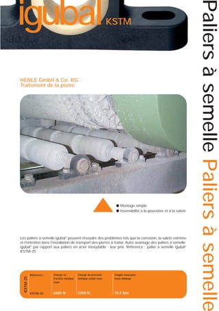KSTM

HENLE GmbH & Co. KG
Traitement de la pierre

▲

● Montage simple
● Insensibilité à la poussière et à la saleté

KSTM-25

Les paliers à semelle igubal® peuvent résoudre des problèmes tels que la corrosion, la saleté extrême
et l'entretien dans l'installation de transport des pierres à traiter. Autre avantage des paliers à semelle
igubal® par rapport aux paliers en acier inoxydable : leur prix. Référence : palier à semelle igubal®
KSTM-25

Référence :

Charge en
traction statique
maxi

Charge de pression
statique axiale maxi

Couple maxi pour
trous oblongs

KSTM-25

6600 N

3200 N

10,5 Nm

Paliers à semelle Paliers à semelle

igubal

®

 