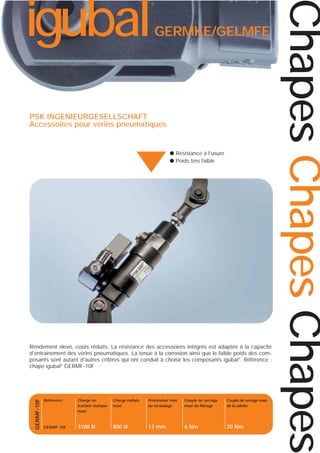 GERMKE/GELMFE

PSK INGENIEURGESELLSCHAFT
Accessoires pour vérins pneumatiques

● Résistance à l’usure
● Poids très faible

▲
GERMF-10F

Rendement élevé, coûts réduits. La résistance des accessoires intégrés est adaptée à la capacité
d'entraînement des vérins pneumatiques. La tenue à la corrosion ainsi que le faible poids des composants sont autant d'autres critères qui ont conduit à choisir les composants igubal®. Référence :
chape igubal® GERMF-10F

Référence :

Charge en
traction statique
maxi

Charge radiale
maxi

Profondeur mini
du taraudage

Couple de serrage
maxi du filetage

Couple de serrage maxi
de la calotte

GERMF-10F

3100 N

800 N

13 mm

6 Nm

20 Nm

Chapes Chapes Chapes

igubal

®

 