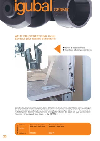 igubal

®

GERMK

▲

WELTE DRUCKEREITECHNIK GmbH
Elévateur pour machine d'imprimerie

● Forces de traction élevées
● Résistance à la compression élevée

GERMK-14

Dans les élévateurs destinés aux machines d'imprimerie, les mouvements linéaires sont assurés par
des bielles avec des chapes igubal® et des chaînes porte-câbles igus®. La diminution du niveau sonore, l'allongement des intervalles d'entretien ainsi que la réduction des coûts ont joué un rôle décisif.
Référence : chape igubal® avec boulon et clip GERMK-14

30

Référence :

Charge de traction statique
axiale maxi à courte durée

Charge de traction statique
axiale maxi à longue durée

6100 N

3050 N

Part-No.:

GERMK-14

 