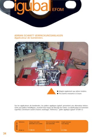 igubal

®

EFOM

ADRIAN SCHMITT VERPACKUNGSANLAGEN
Applicateur de banderoles

▲

● Adapté également aux arbres tendres
● Très bonne résistance à l'usure

EFOM-12

Sur les applicateurs de banderoles, les paliers appliques igubal® présentent une alternative intéressante aux paliers métalliques, écartant tout risque de blocage de l'arbre. La lubrification et l'entretien
superflus constituent autant d'autres avantages. Référence : palier applique igubal® EFOM-12

34

Référence :

Charge maxi axiale
admissible sur la calotte

Force de traction radiale
maxi admissible

Couple maxi pour
trous oblongs

EFOM-12

1100 N

2200 N

2.5 Nm

 