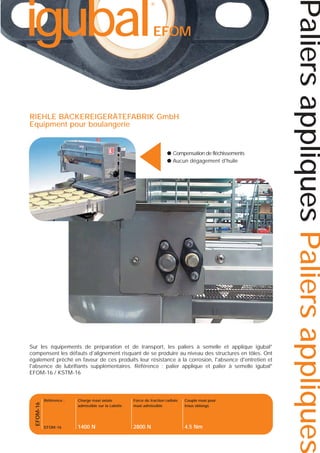 EFOM

▲

RIEHLE BÄCKEREIGERÄTEFABRIK GmbH
Equipment pour boulangerie

● Compensation de fléchissements
● Aucun dégagement d'huile

EFOM-16

Sur les équipements de préparation et de transport, les paliers à semelle et applique igubal®
compensent les défauts d'alignement risquant de se produire au niveau des structures en tôles. Ont
également prêché en faveur de ces produits leur résistance à la corrosion, l'absence d'entretien et
l'absence de lubrifiants supplémentaires. Référence : palier applique et palier à semelle igubal®
EFOM-16 / KSTM-16

Référence :

Charge maxi axiale
admissible sur la calotte

Force de traction radiale
maxi admissible

Couple maxi pour
trous oblongs

EFOM-16

1400 N

2800 N

4.5 Nm

Paliers appliques Paliers appliques

igubal

®

 