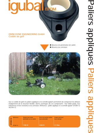 EFOM

OMNI DYNE ENGINEERING GmbH
Caddie de golf

● Absence de pénétration de saleté
● Absence de corrosion

▲
EFOM-12

Sur ce caddie de golf, les paliers appliques et à semelle igubal® permettent de compenser les défauts
d'alignement de la structure flexible. Autres avantages de ces composants : leur faible poids, leur
robustesse et leur résistance à la corrosion. Référence : palier applique et à semelle igubal® EFOM-12
/KSTM-12

Référence :

Charge maxi axiale
admissible sur la calotte

Force de traction radiale
maxi admissible

Couple maxi pour
trous oblongs

EFOM-12

1100 N

2200 N

2.5 Nm

Paliers appliques Paliers appliques

igubal

®

 