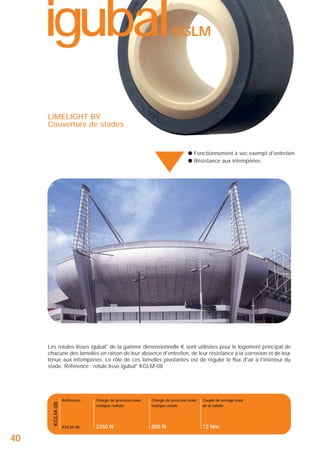 igubal

®

KGLM

LIMELIGHT BV
Couverture de stades

● Fonctionnement à sec exempt d'entretien
● Résistance aux intempéries

▲
KGLM-08

Les rotules lisses igubal® de la gamme dimensionnelle K sont utilisées pour le logement principal de
chacune des lamelles en raison de leur absence d'entretien, de leur résistance à la corrosion et de leur
tenue aux intempéries. Le rôle de ces lamelles pivotantes est de réguler le flux d'air à l'intérieur du
stade. Référence : rotule lisse igubal® KGLM-08

40

Référence :

Charge de pression maxi
statique radiale

Charge de pression maxi
statique axiale

Couple de serrage maxi
de la calotte

KGLM-08

2350 N

800 N

12 Nm

 