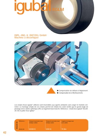 igubal

®

KGLM

DIPL.-ING. K. DIETZEL GmbH
Machine à décortiquer

▲

● Compensation de défauts d'alignement
● Compensation de et fléchissements

KGLM-30

Les rotules lisses igubal® utilisées sont insensibles aux agents ambiants sans exiger le moindre entretien. Le montage simple de ces rotules permet de réduire les coûts tandis que le grand angle de
pivotage de la calotte sphérique offre un logement bon marché. Référence : rotule lisse igubal® KGLM20 /30 et palier lisse iglidur®

42

Référence :

Charge de pression maxi
statique radiale

Charge de pression maxi
statique axiale

Couple de serrage maxi
de la calotte

KGLM-30

20 000 N

3250 N

70 Nm

 