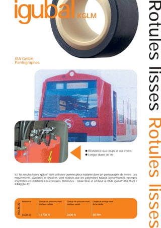 KGLM

▲

ISA GmbH
Pantographes

● Résistance aux coups et aux chocs
● Longue durée de vie

Ici, les rotules lisses igubal® sont utilisées comme pièce isolante dans un pantographe de métro. Les
mouvements pivotants et linéaires sont réalisés par les polymères hautes performances exempts
d'entretien et résistants à la corrosion. Référence : rotule lisse et embout à rotule igubal® KGLM-22 /
KAR(L)M-12

KGLM-22

Référence :

Charge de pression maxi
statique radiale

Charge de pression maxi
statique axiale

Couple de serrage maxi
de la calotte

KGLM-22

11 700 N

2600 N

60 Nm

Rotules lisses Rotules lisses

igubal

®

 