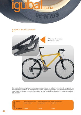 igubal

®

EGLM

▲

STORCK BICYCLE GmbH
VTT

● Absence de corrosion
● Poids très faible

EGLM-08 EK

Des rotules lisses exemptes d'entretien placées dans l'étrier en carbone permettent de compenser les
mouvements du cadre et de la suspension dus à la conduite dynamique. Sur une telle application, le
faible poids et l'absence de corrosion jouent un rôle fondamental. Référence : rotule lisse igubal®
EGLM-08 EK

44

Référence :

Charge de pression maxi
statique radiale

Charge de pression maxi
statique axiale

Couple de serrage maxi
de la calotte

EGLM-08 EK

1350N

175 N

7 Nm

 