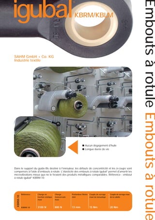 KBRM/KBLM

▲

SAHM GmbH + Co. KG
Industrie textile

● Aucun dégagement d'huile
● Longue durée de vie

KBRM-10

Dans le support du guide-fils destiné à l'enrouleur, les défauts de concentricité et les à-coups sont
compensés à l'aide d'embouts à rotule. L'élasticité des embouts à rotule igubal® permet d'amortir les
microvibrations mieux que ne le feraient des produits métalliques comparables. Référence : embout
à rotule igubal® KBRM-10

Référence :

Charge en
traction statique
maxi

Charge
transversale
maxi

Profondeur filetée
mini

Couple de serrage
maxi du taraudage

Couple de serrage maxi
de la calotte

KBRM-10

3100 N

800 N

13 mm

15 Nm

20 Nm

Embouts à rotule Embouts à rotule

igubal

®

 