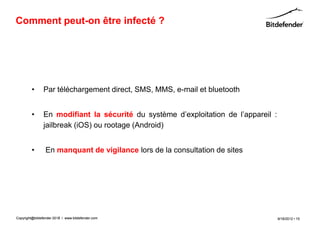 Comment peut-on être infecté ?




         •      Par téléchargement direct, SMS, MMS, e-mail et bluetooth


         •      En modifiant la sécurité du système d’exploitation de l’appareil :
                jailbreak (iOS) ou rootage (Android)


         •       En manquant de vigilance lors de la consultation de sites




Copyright@bitdefender 2011 / www.bitdefender.com
                      2012                                                           9/18/2012 • 15
 