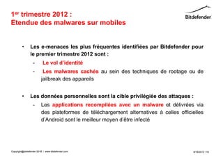 1er trimestre 2012 :
Etendue des malwares sur mobiles


         •      Les e-menaces les plus fréquentes identifiées par Bitdefender pour
                le premier trimestre 2012 sont :
                  -       Le vol d’identité
                  -       Les malwares cachés au sein des techniques de rootage ou de
                         jailbreak des appareils


         •      Les données personnelles sont la cible privilégiée des attaques :
                  -      Les applications recompilées avec un malware et délivrées via
                         des plateformes de téléchargement alternatives à celles officielles
                         d’Android sont le meilleur moyen d’être infecté




Copyright@bitdefender 2011 / www.bitdefender.com
                      2012                                                             9/18/2012 • 16
 