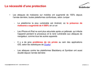 La nécessité d’une protection

         •      Les attaques de malwares sur mobiles ont augmenté de 155% depuis
                l’année dernière, toutes plateformes confondues, selon Juniper

                  -      La plateforme la plus vulnérable est Android, où la présence de
                         malwares a augmenté de 4 500% en un an

                  -      Les iPhone et iPad ne sont plus sécurisés après un jailbreak, qui infecte
                         l’appareil pendant le processus et le rend vulnérable aux attaques de
                         navigateur, comme tous les autres appareils

                  -      Il y a de gros problèmes de vie privée au sein des applications
                         iOS, selon les statistiques de Clueful

                  -      Les attaques contre les plateformes Blackberry et Symbian ont aussi
                         doublé depuis l’année dernière




Copyright@bitdefender 2011 / www.bitdefender.com
                      2012                                                                           9/18/2012 • 6
 