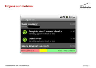 Trojans sur mobiles




Copyright@bitdefender 2011 / www.bitdefender.com
                      2012                         9/18/2012 • 9
 