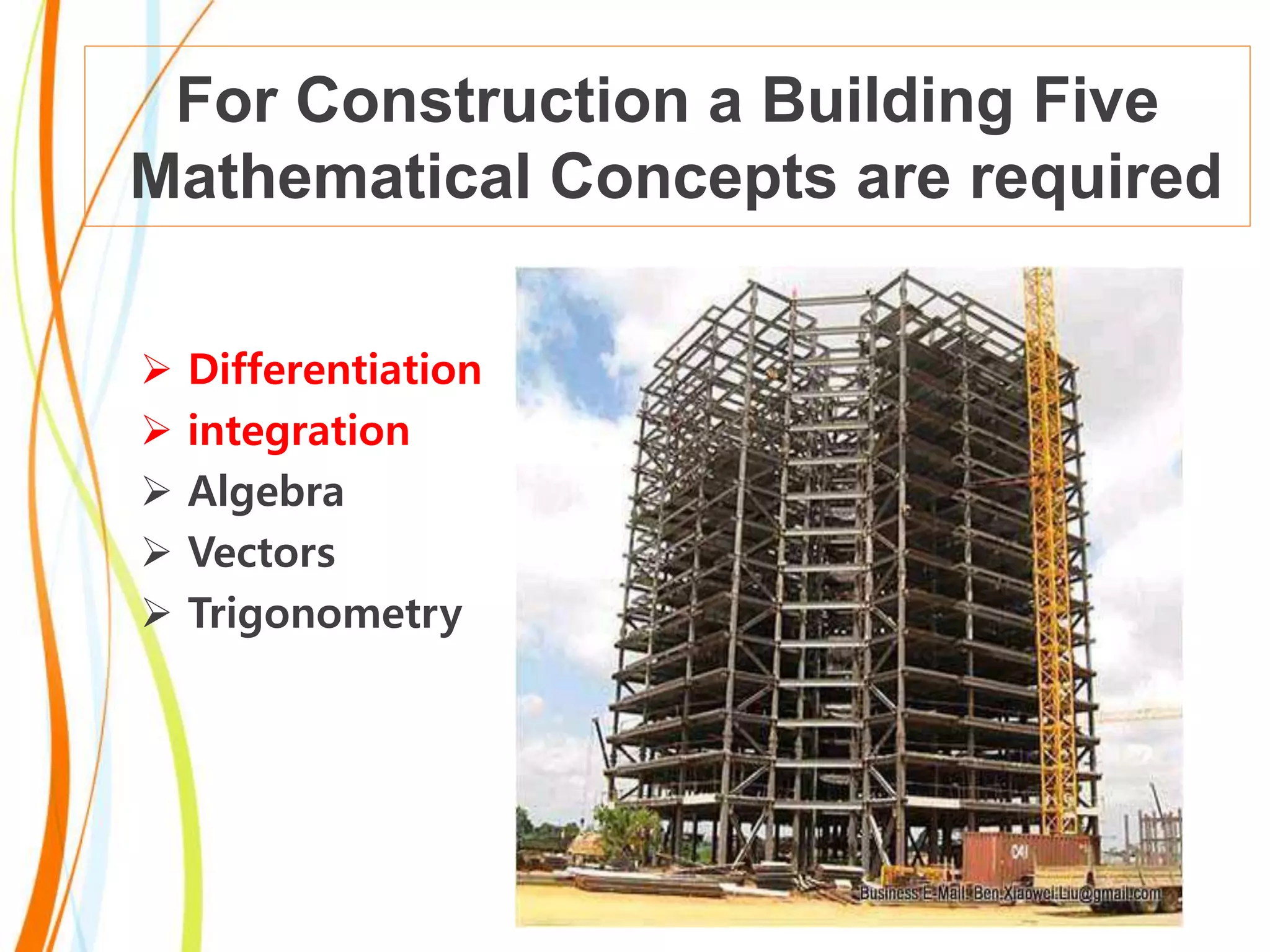 For Construction a Building Five
Mathematical Concepts are required
Differentiation
integration
Algebra
Vectors
Trigonometry