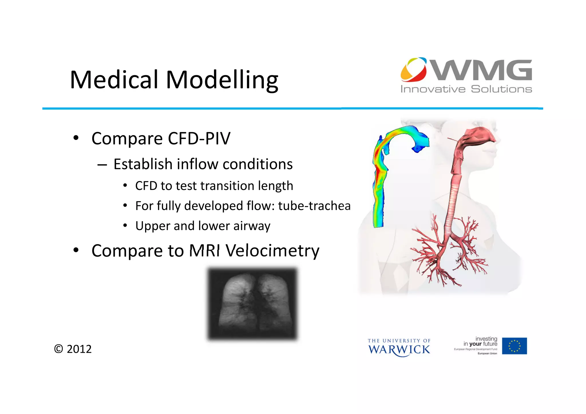 Medical Modelling

  • Compare CFD-PIV
         – Establish inflow conditions
            • CFD to test transition length
            • For fully developed flow: tube-trachea
            • Upper and lower airway
  • Compare to MRI Velocimetry



© 2012
 