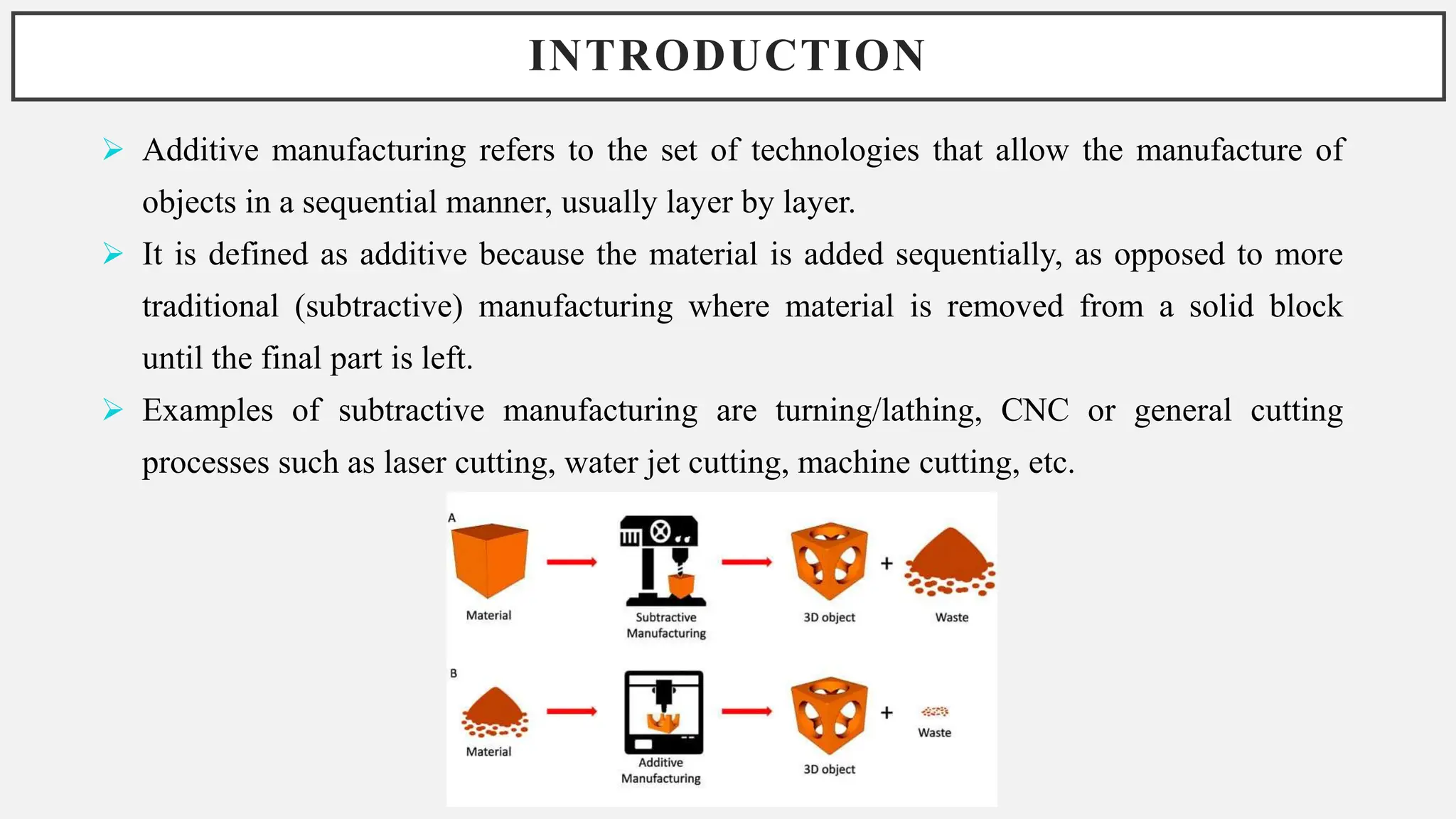 INTRODUCTION
 Additive manufacturing refers to the set of technologies that allow the manufacture of
objects in a sequential manner, usually layer by layer.
 It is defined as additive because the material is added sequentially, as opposed to more
traditional (subtractive) manufacturing where material is removed from a solid block
until the final part is left.
 Examples of subtractive manufacturing are turning/lathing, CNC or general cutting
processes such as laser cutting, water jet cutting, machine cutting, etc.
 