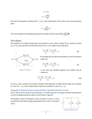 From the first equation it follows that        ⁄ , then substitution of this value in the second equation
gives:




This is the equation of a parabola having vertex at origin and focus at point (               ).



The ellipse
The equation of an ellipse having major axis parallel to -axis, center at point (     ), vertices at points
(       ), and maximum and minimum points at (            ) is given by (see Figure 8):

                                                      x  h         y k
                                                                2                2

                                                                                    1                            (8)
                                                          a2               b2

                                             If the ellipse has its major axis parallel to -axis, the equation
                                             is given by:

                                                      x  h         y k
                                                                2                2

                                                                                    1                            (9)
                                                          b2               a2
             Figure 7. The ellipse.           In any case, the standard equation of an ellipse may be
                                              written as:

                                           x  h         y k
                                                     2                2

                                                                          1;                                          (10)
                                             a12               a2 2

for any     and    positive real numbers, Equation (10) represents an ellipse whose major axis is parallel
to -axis if         , and an ellipse whose major axis is parallel to -axis if    .

Example 6. Electric power generated by a parallel electric circuit
Let    and     be the value of two resistances. In a similar way, let be a given constant-valued electric
current circulating around the electric circuit shown in Figure 8.

The problem consist of finding the values of electric currents and
such that the total electric power generated by the current is constant,
say .


                                                                                          Figure 8. Electric circuit.

                                                           5
 